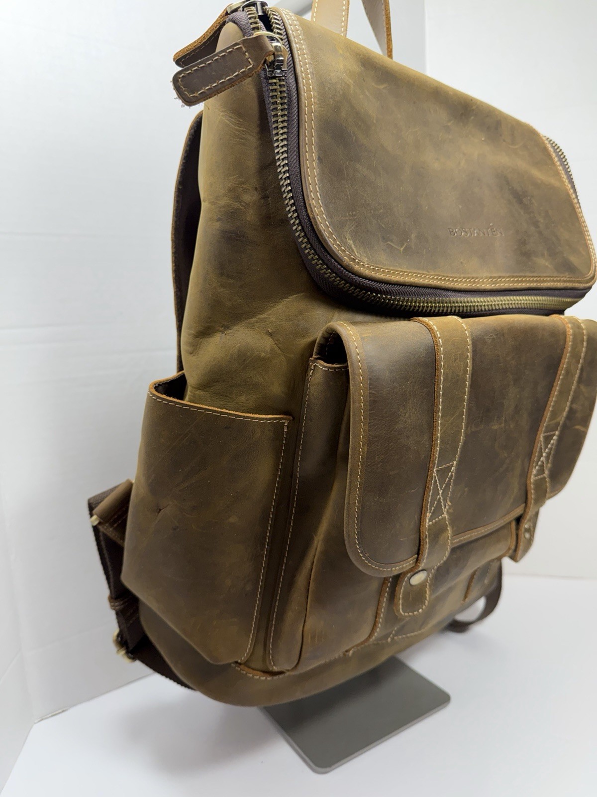 BOSTANTEN Brown Backpack Zip & Snap Closure Men Adjustable Strap Outer Pockets