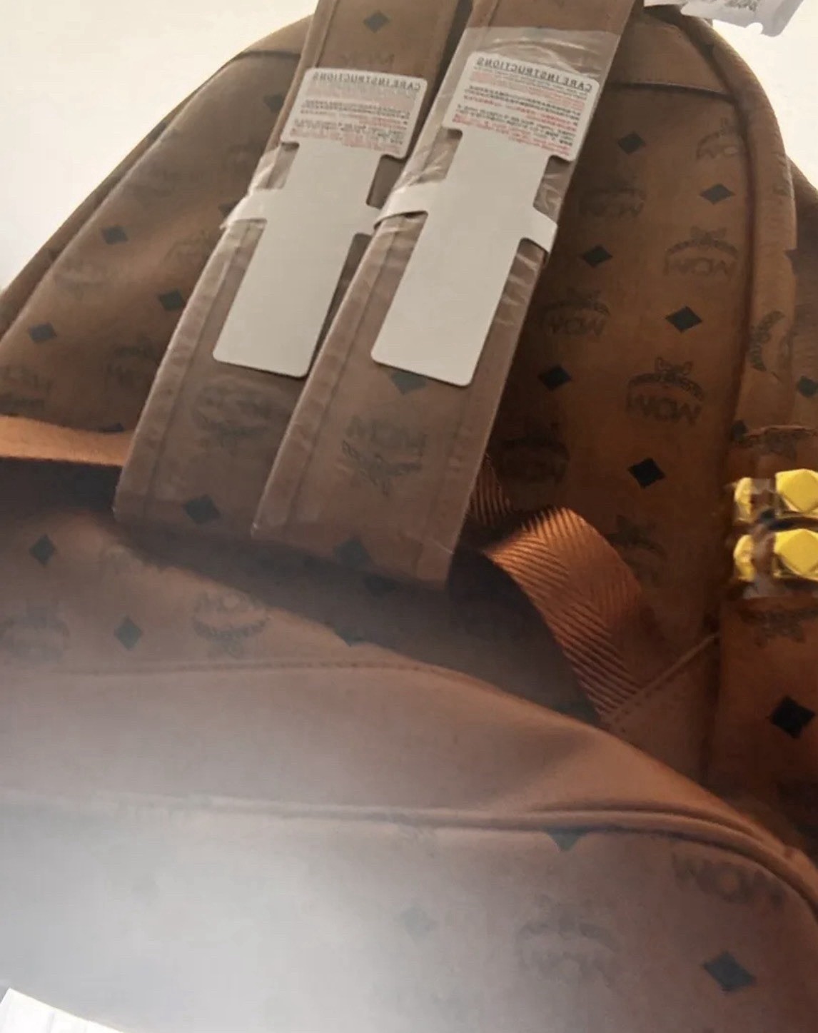 MCM Brown Logo Backpack Zip Closure Gold Studs Front Zip Pocket Dust Bag
