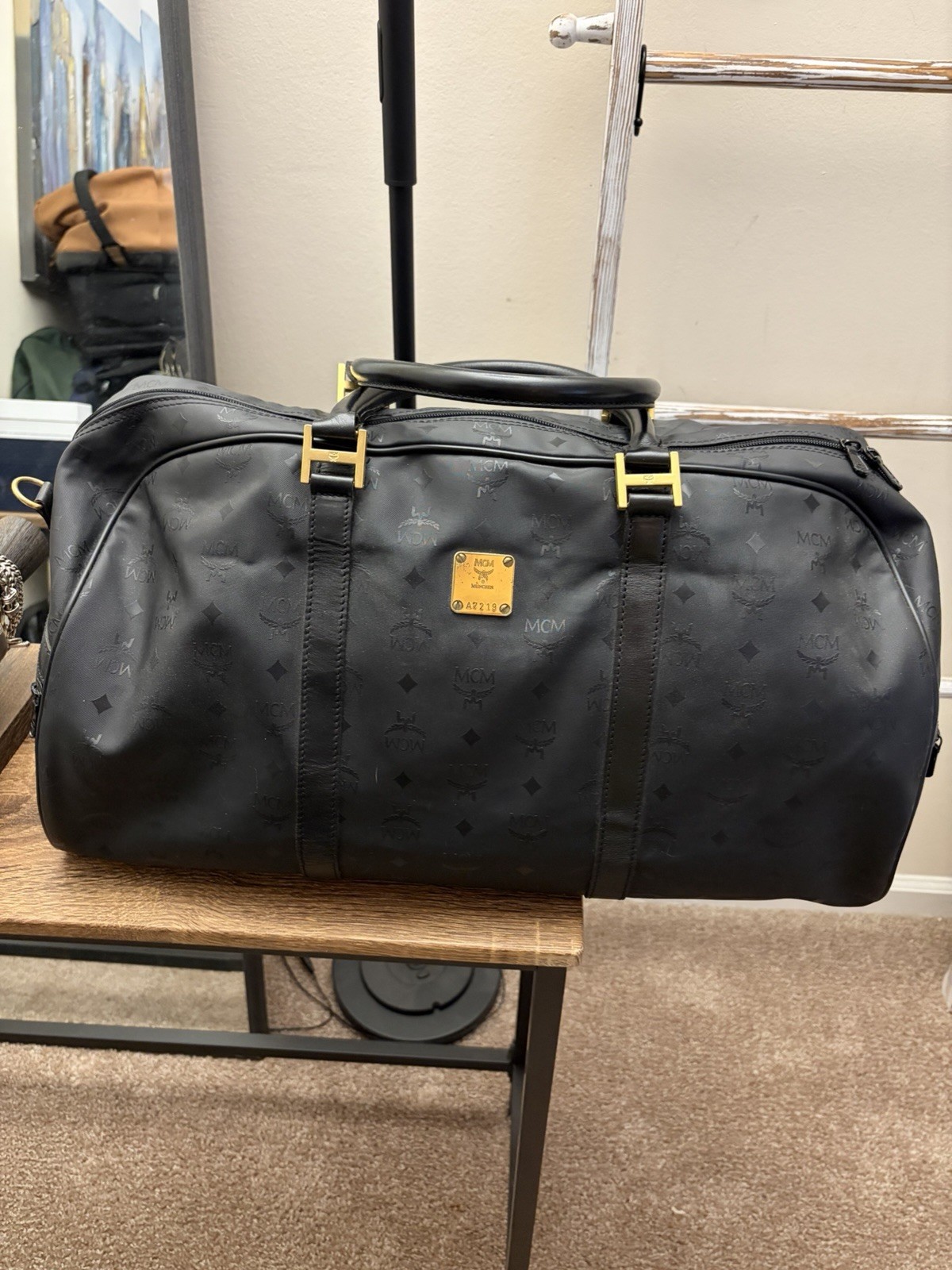 Vintage MCM Germany Visetos Black Leather Coated Large Duffle Boston Travel Bag