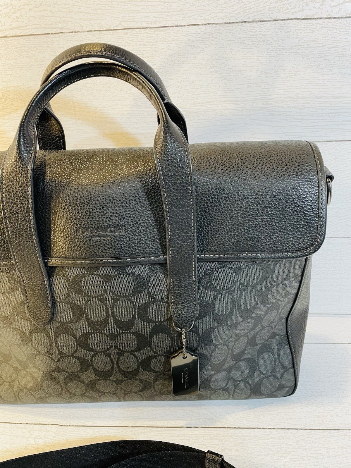 Coach Sullivan Portfolio Leather Brief Signature Stamped Black Gray C9873