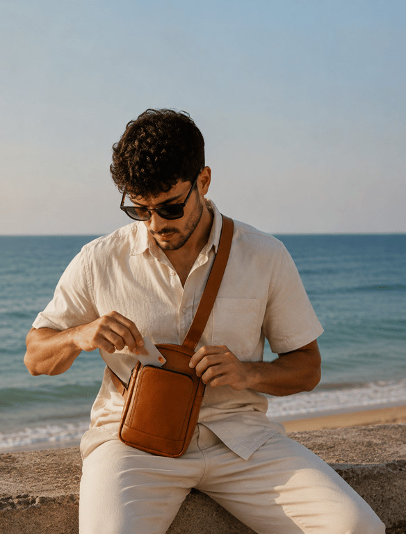 Tanario Full Grain Leather Sling Bag Brown Crossbody Chest Bag for Men