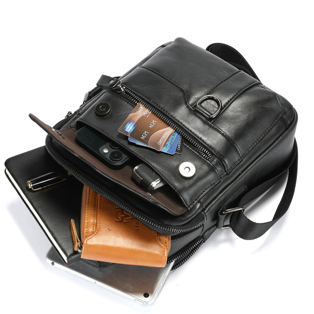 Men’s Genuine Leather Crossbody Bag Shoulder Messenger with Handle Multi-Pocket