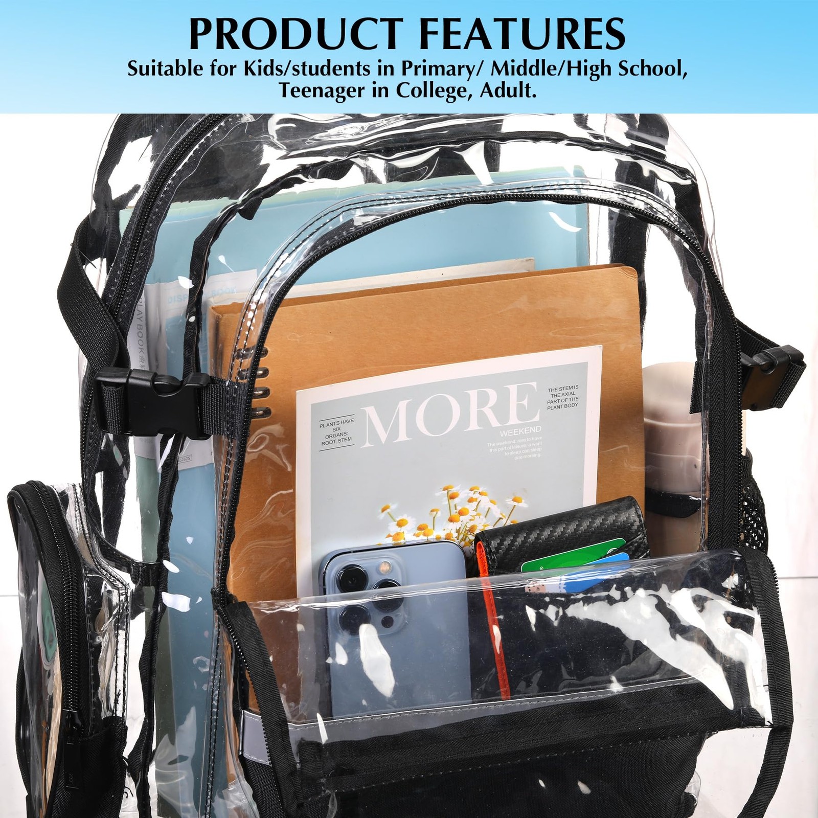 Heavy Duty Clear Backpack Transparent School Stadium Daypack Black 3