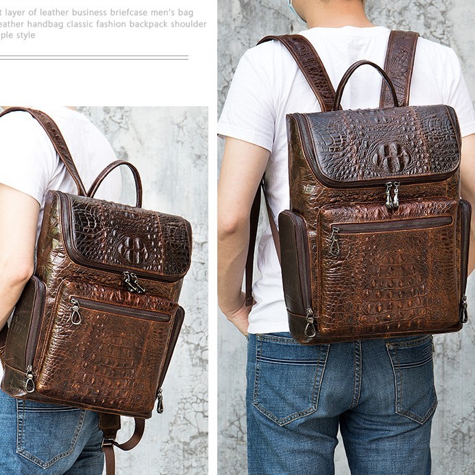 Top Cowhide Leather Men’s Backpack Crocodile Pattern Travel Bag 30 x 10.5 x 39cm