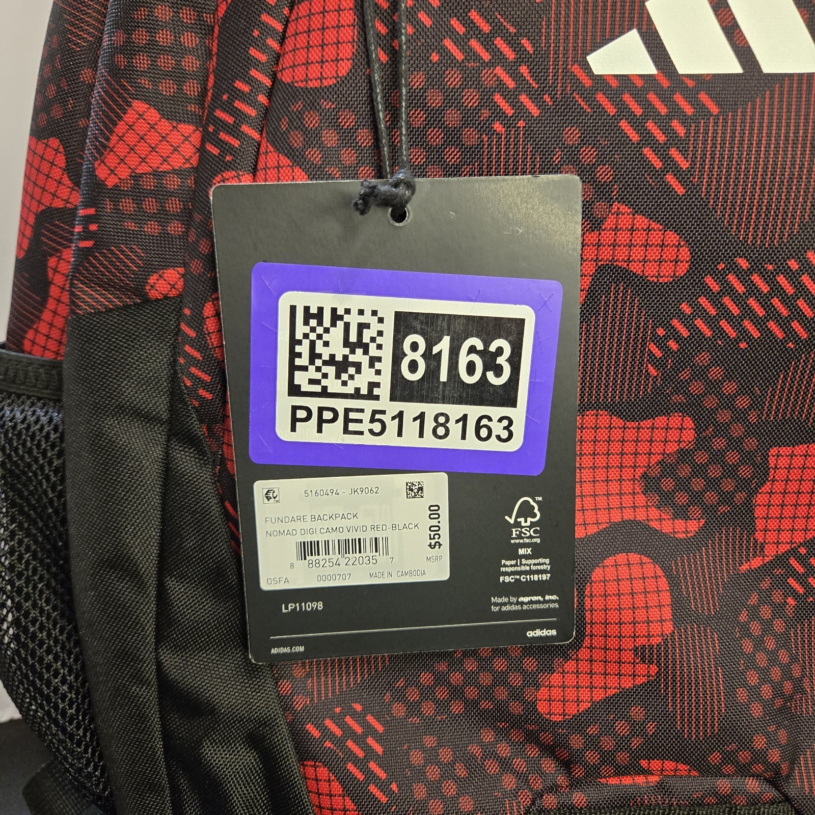 NEW Adidas Fundare Backpack Red Black Camo Multi Pocket Laptop School Travel Bag