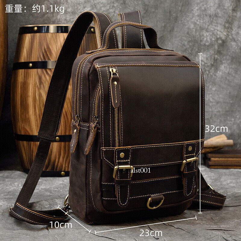 Vintage Men Crazy Horse Leather Backpack Sports Chest Bag Crossbody Bags Outdoor