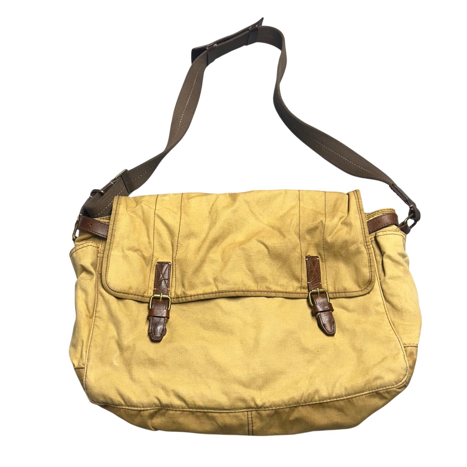 J.Crew Messenger Bag Tan Men OS Canvas Leather Trim Satchel Work Travel