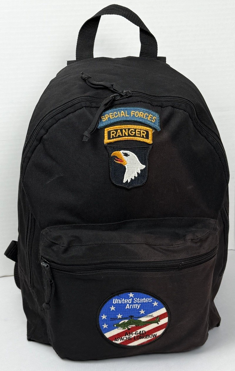 Backpack – Black With Special Forces Ranger and AH-64D Apache Helicopter Patches