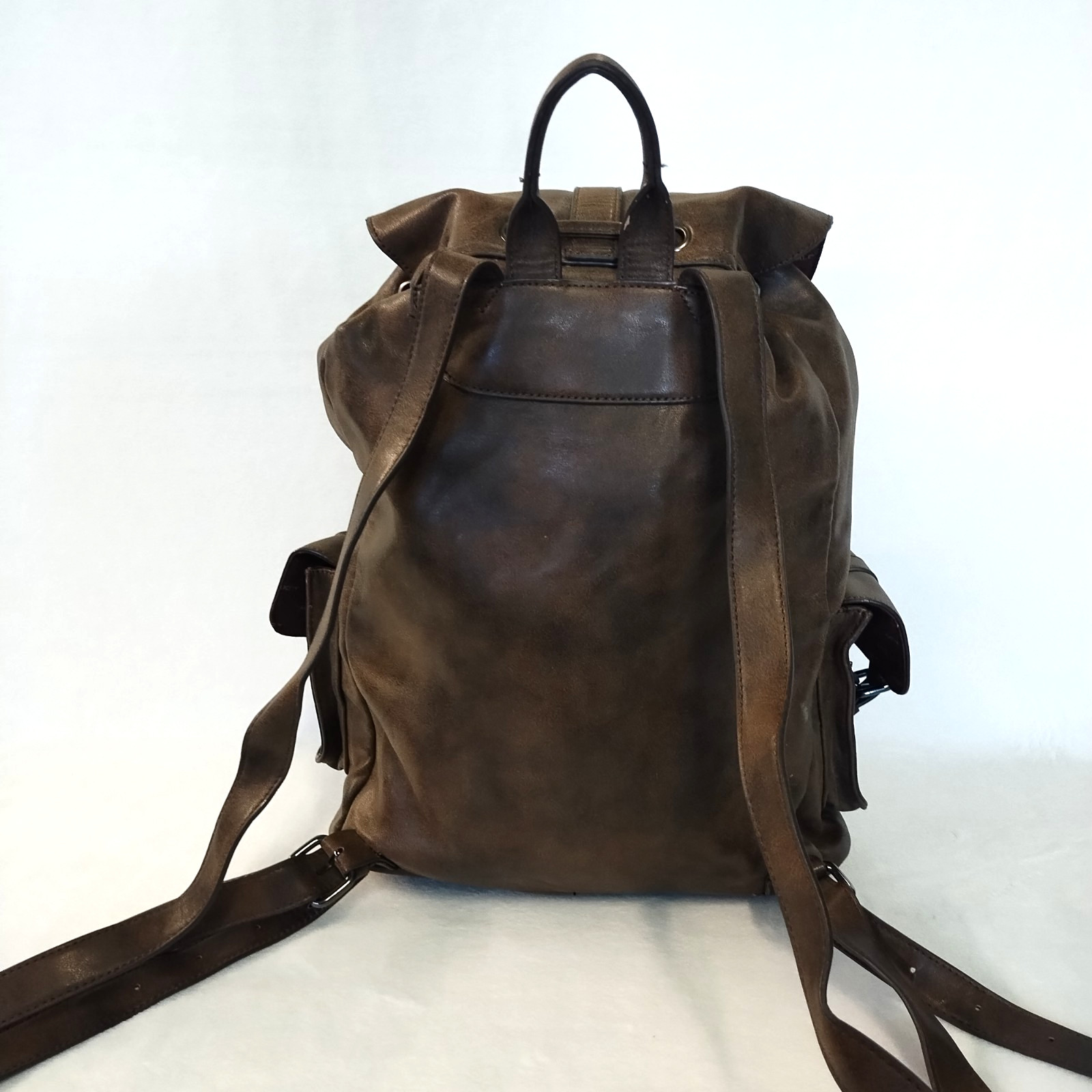 ALDO Brown Faux Leather Bucket Drawstring Backpack Buckle Top Sides GUC