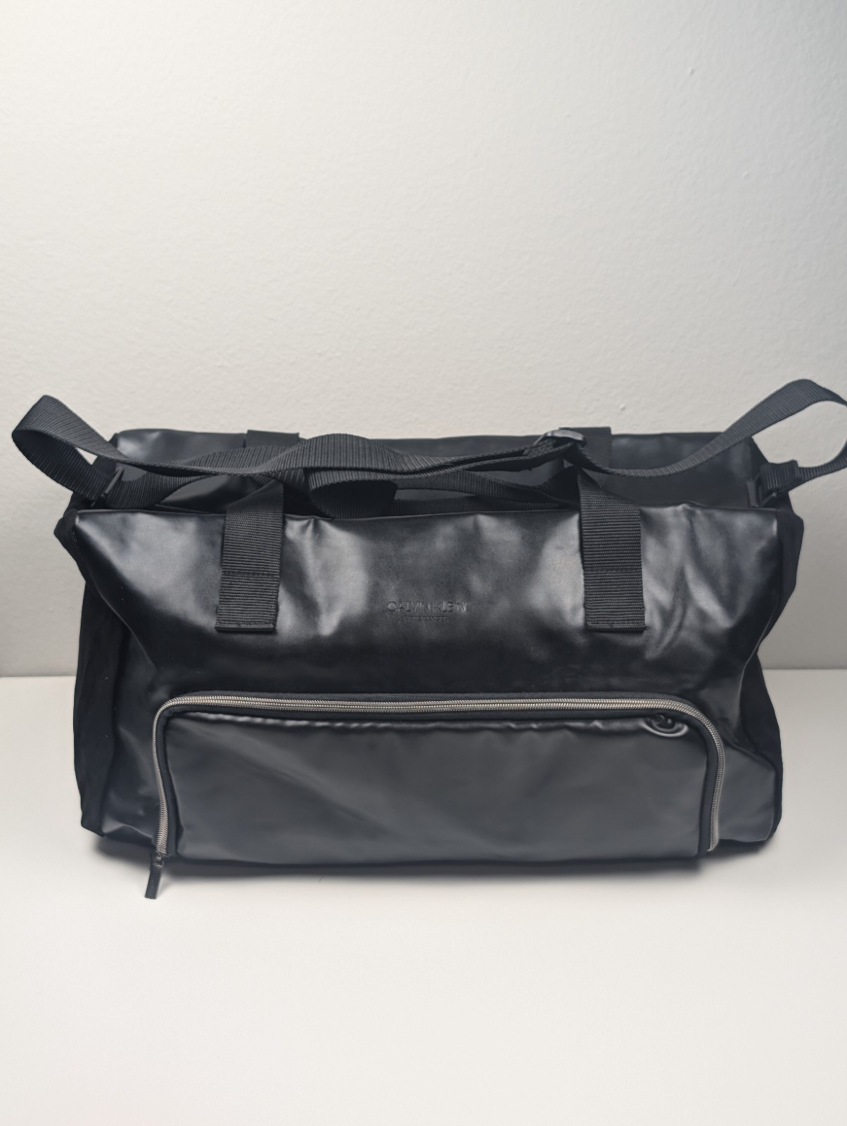 Calvin Klein Fragrances Black Faux Leather Duffle Weekender Gym Travel Bag