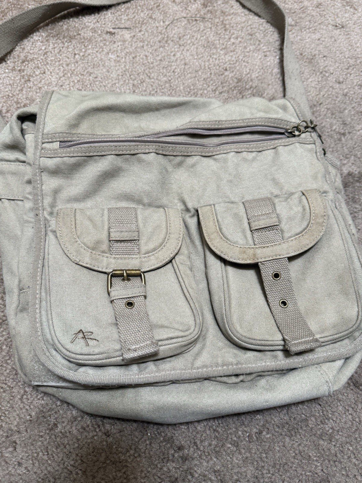 Beige Medium Messenger Shoulder Bag Zip & Buckle Outer Pockets Adjustable Strap