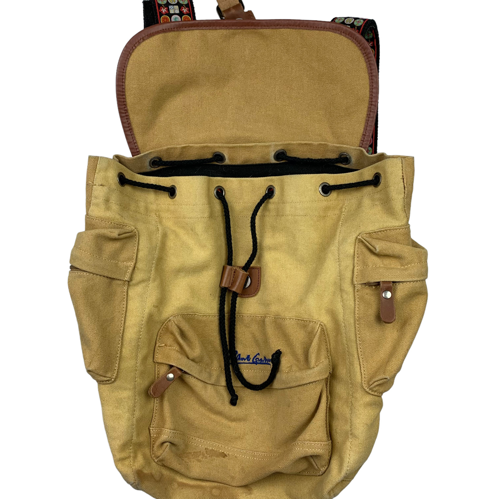 Robert Graham Drawstring Canvas w/Leather Trim Backpack/Book Bag • Beige/Tan