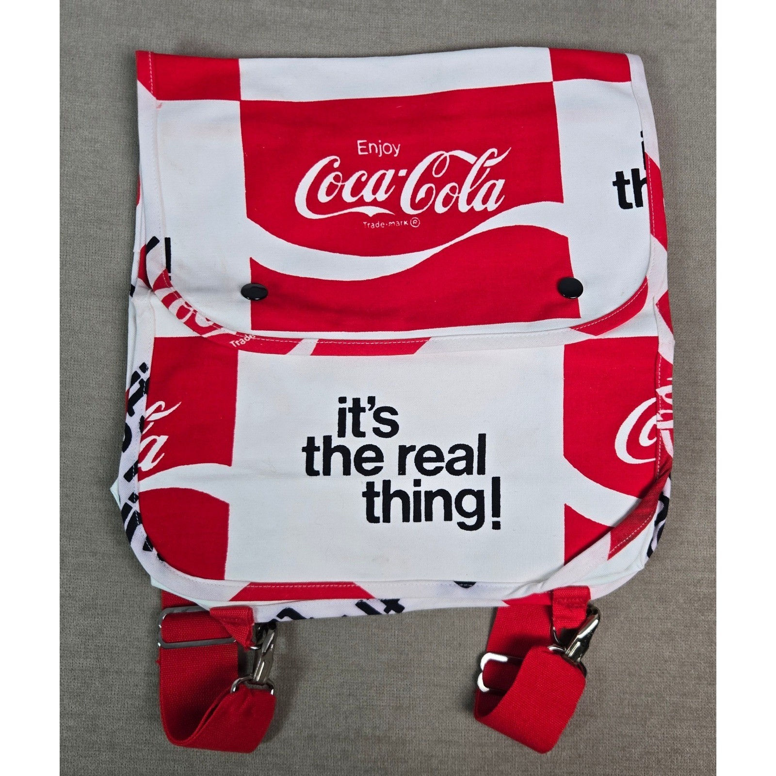 Coca-Cola Its The Real Thing Canvas Backpack Red White Logo Vintage Bag 1970s