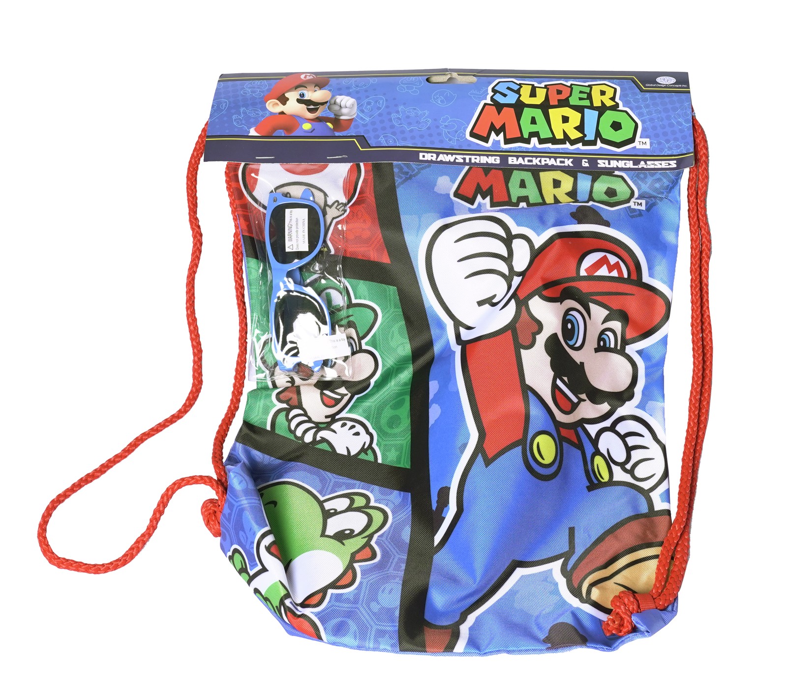 Nintendo Super Mario Brothers Drawstring Backpack With Blue Sunglasses