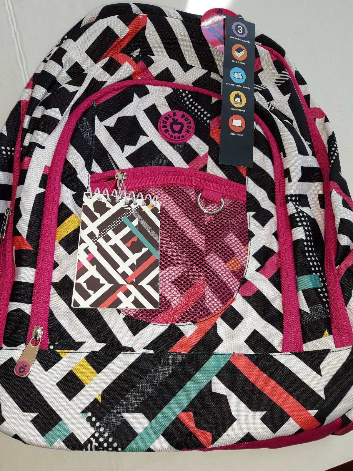 Double Dutch Club 18″ black and white stripe Backpack – pink