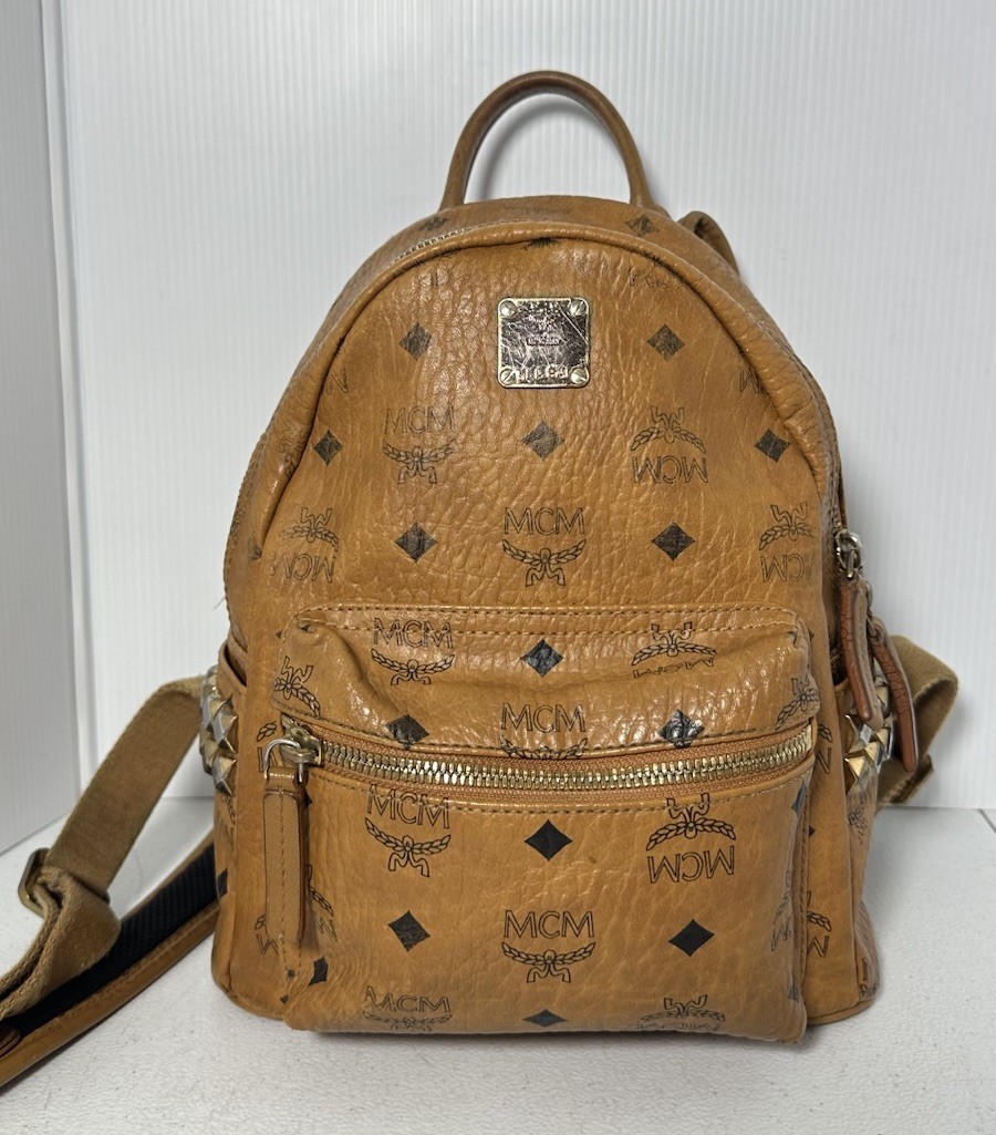 MCM Visetos Side Studs Small Backpack Camel Brown Leather Logo Studded Bag