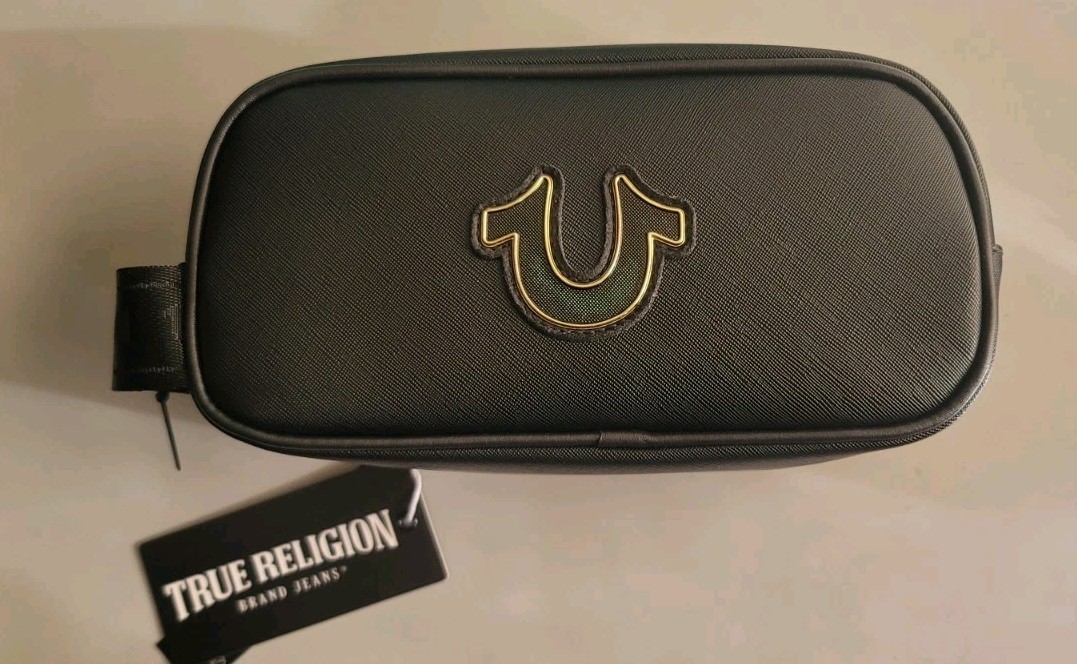 True Religion Men’s Vemo Toiletry Bag Horseshoe Logo Black/Gold 2 Travel Bottles
