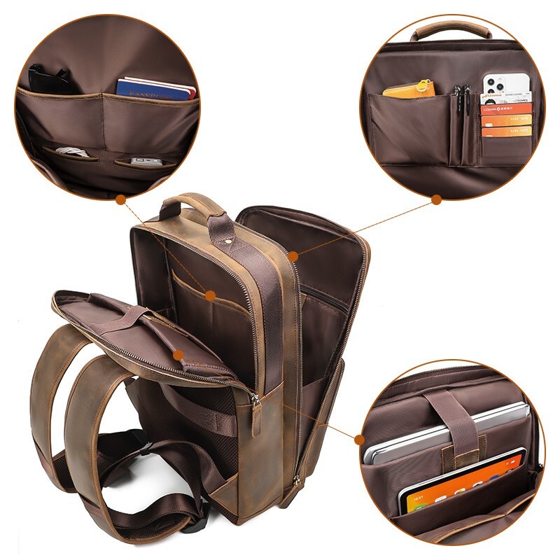 Men Vintage Leather Backpack Crazy Horse Leather 15.6” Laptop Travel Backpack