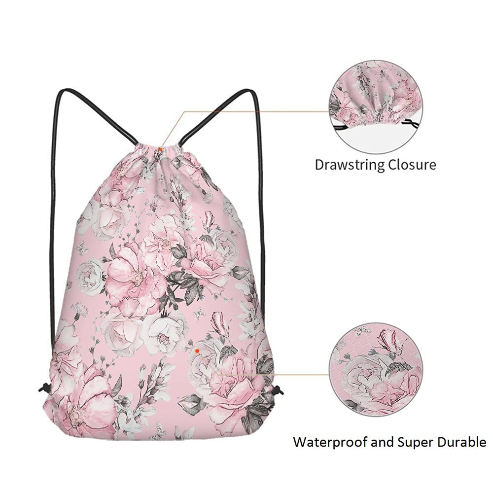 Pink Floral Print Polyester Drawstring Backpack, Unisex, 14×16.9 Inch, Modern…