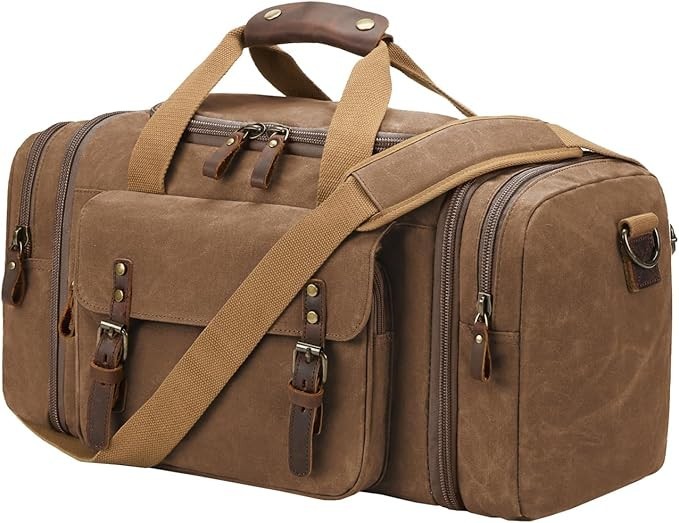 50L Waxed Canvas Duffel Bag, Coffee/ ArmyGreen | Waterproof Travel & Weekend Bag