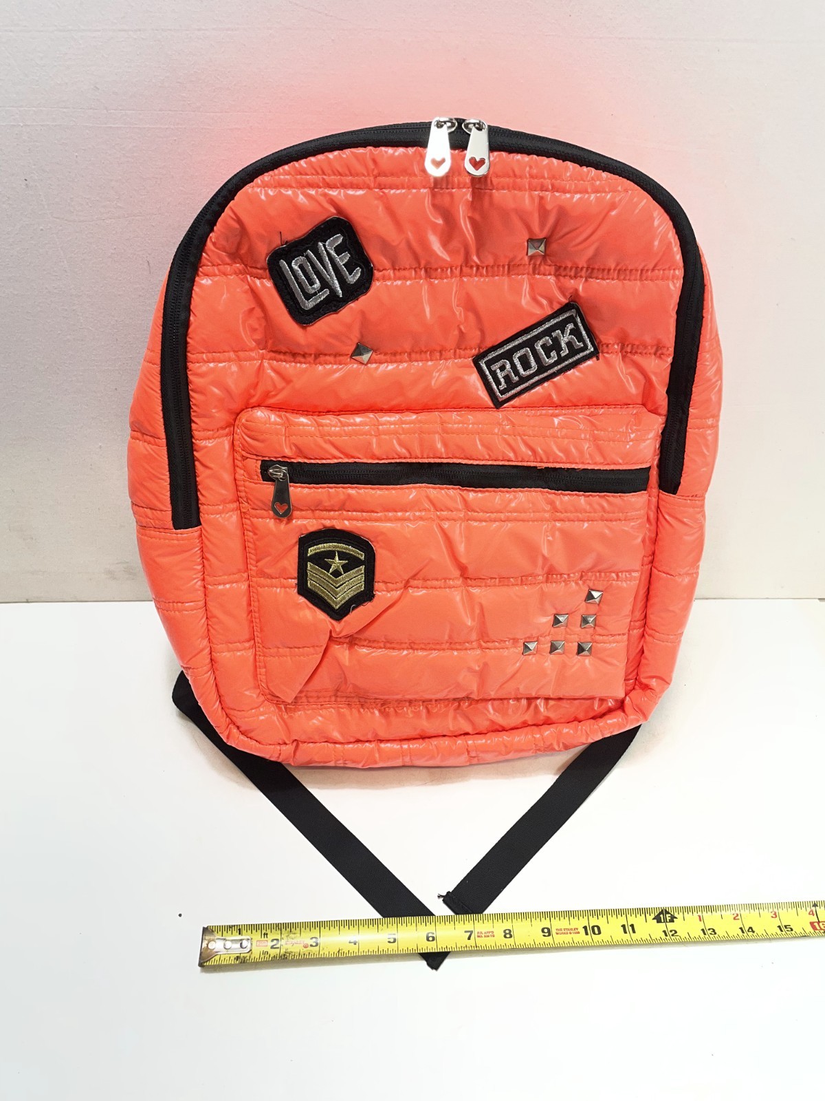 Triple Gear Quilted Backpack Orange Lightweight Synthetic Fabric Love Rock Patch