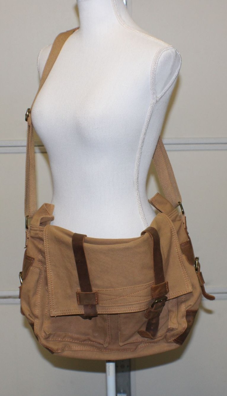 Augur Strauss & Co Canvas Messenger Bag Tan Buckle Flaps Adj Strap Utility Style