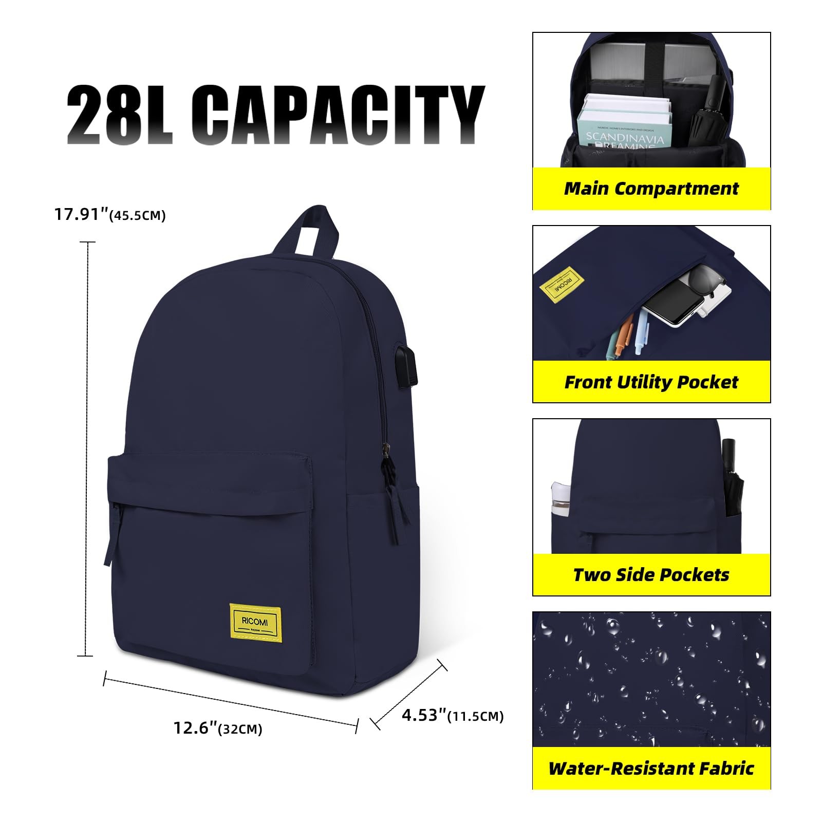 Lightweight Laptop Backpack USB Charging Port 15.6 Inch Navy Blue Bag
