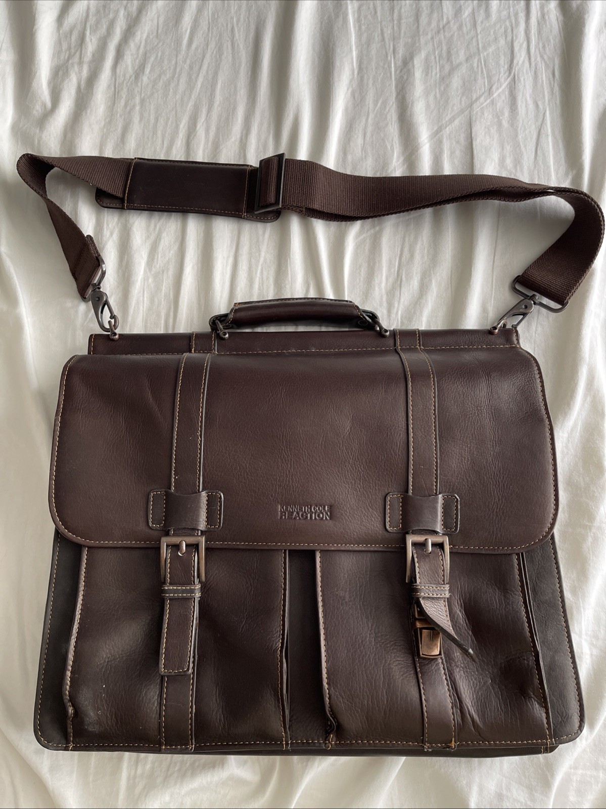 Kenneth Cole Genuine Leather Laptop Briefcase Reaction Brown Messenger Bag Heavy