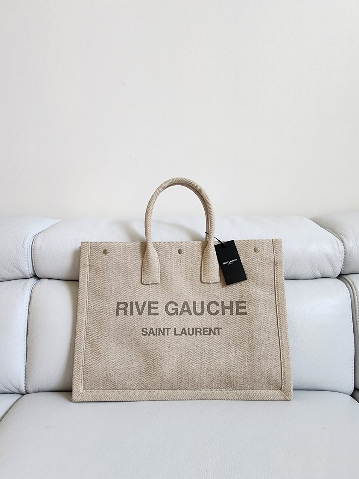 Saint Laurent Men’s Rive Gauche Tote Canvas Bag YSL Gray Neutral XL Size 609416