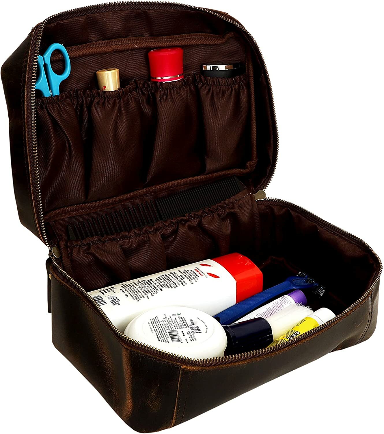 Brown Leather Shaving Kit Dopp Kit Overnight Toiletry Bag Travel Case New