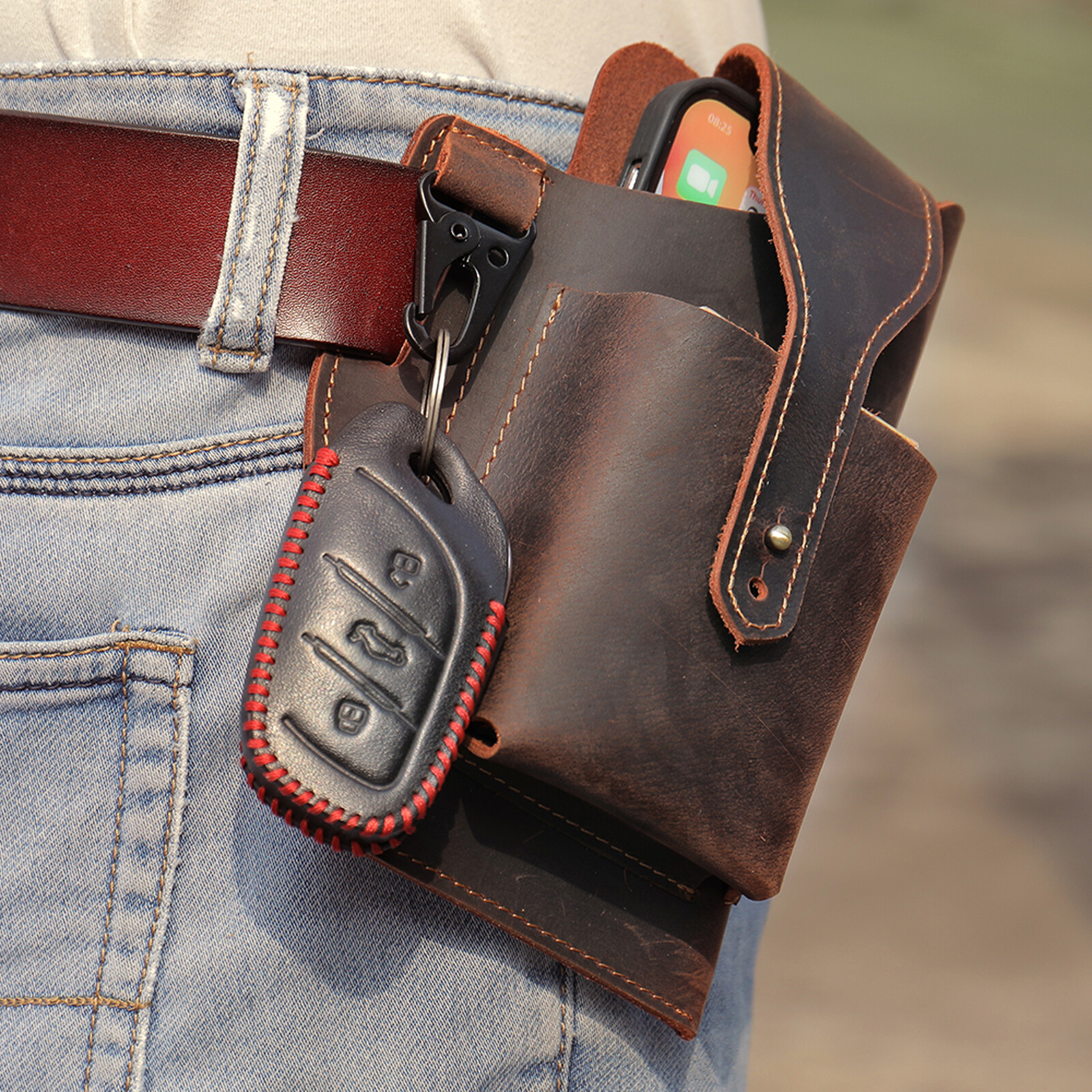 Men’s Leather Belt Pouch Phone Holder with Key Clip Vintage Waist Bag