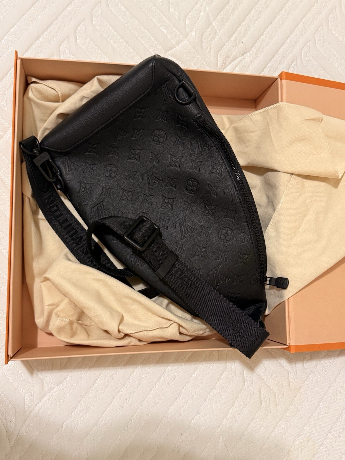 Louis Vuitton Black Monogram Embossed Duo Sling Bag w/ Adjustable Strap & Coin