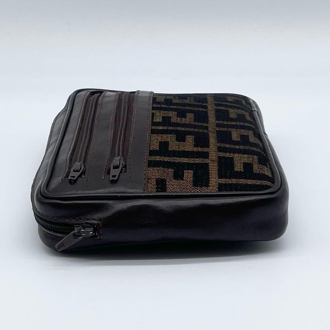 FENDI Zucca Print Logo All-over Monogram Pouch Purse Canvas Leather Dark Brown