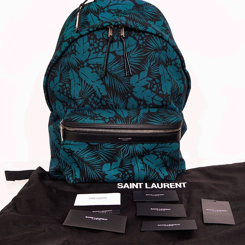 NEW $1150 SAINT LAURENT Blue & Black TROPICAL PALM Canvas Leather CITY BACKPACK