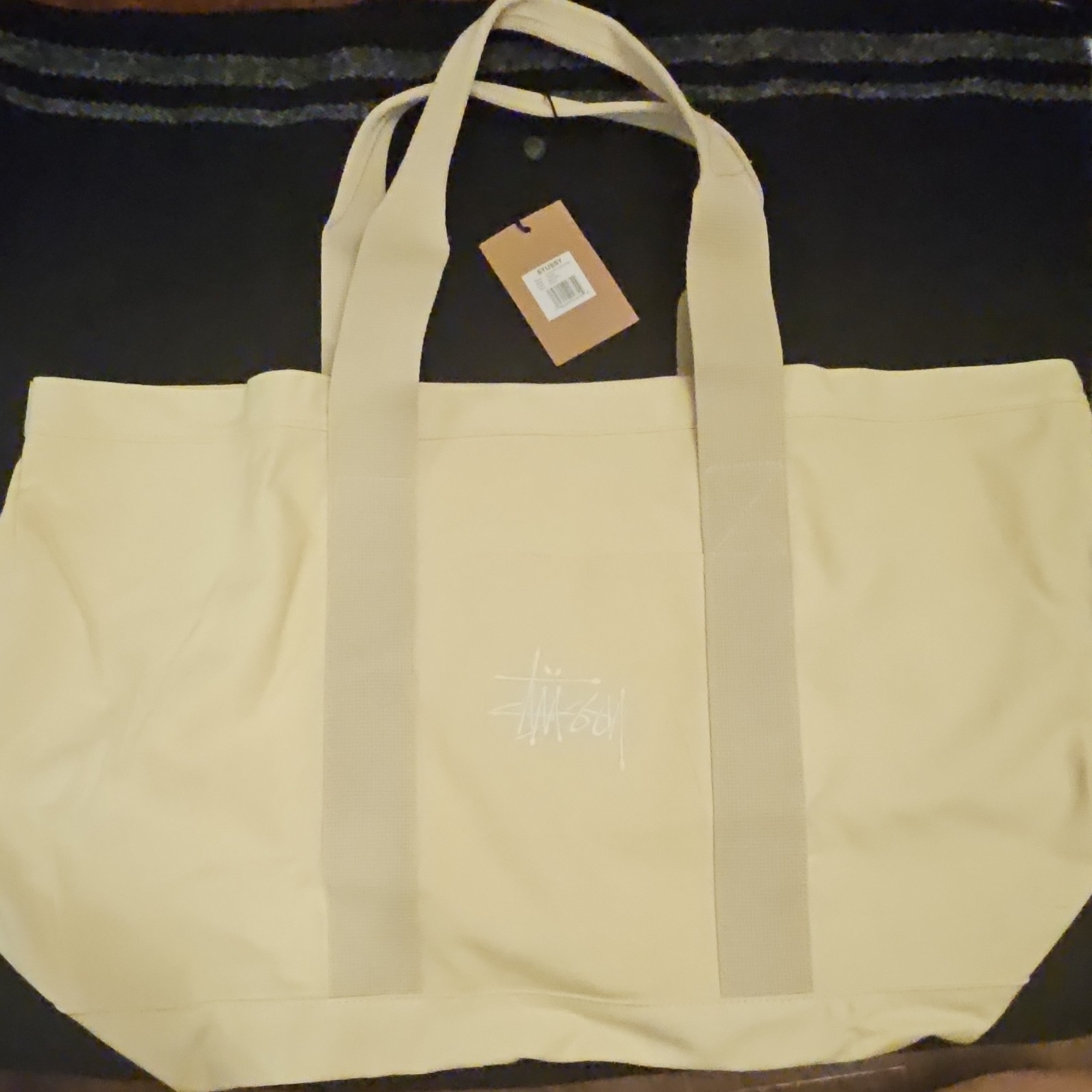 Stussy Beige Tote Bag with Logo for Men Casual Shoulder Strap Designer