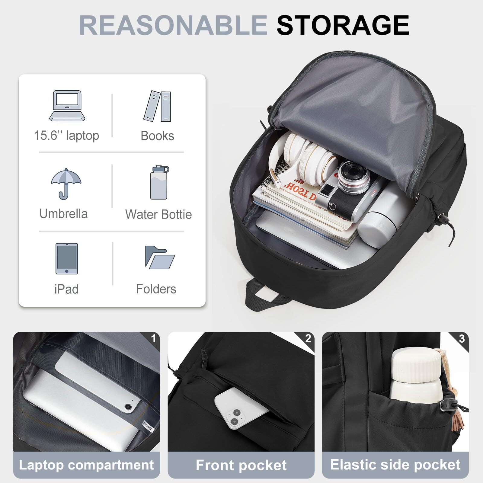 Classic Basic Black Backpack For WomenWaterproof High School BookbagLightweig…