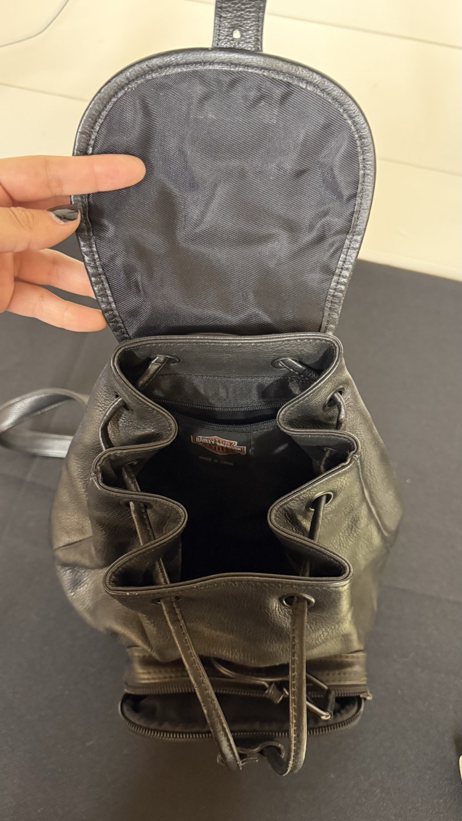 Harley-Davidson Black Drawstring Backpack w/ Buckle Zip, Pockets, Biker