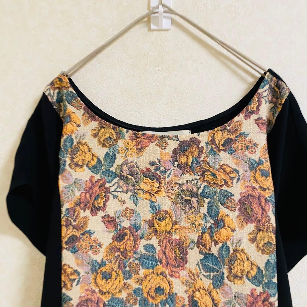 Petit Maison One Piece Dress M Black Knee Length Floral Pattern Back Ribbon