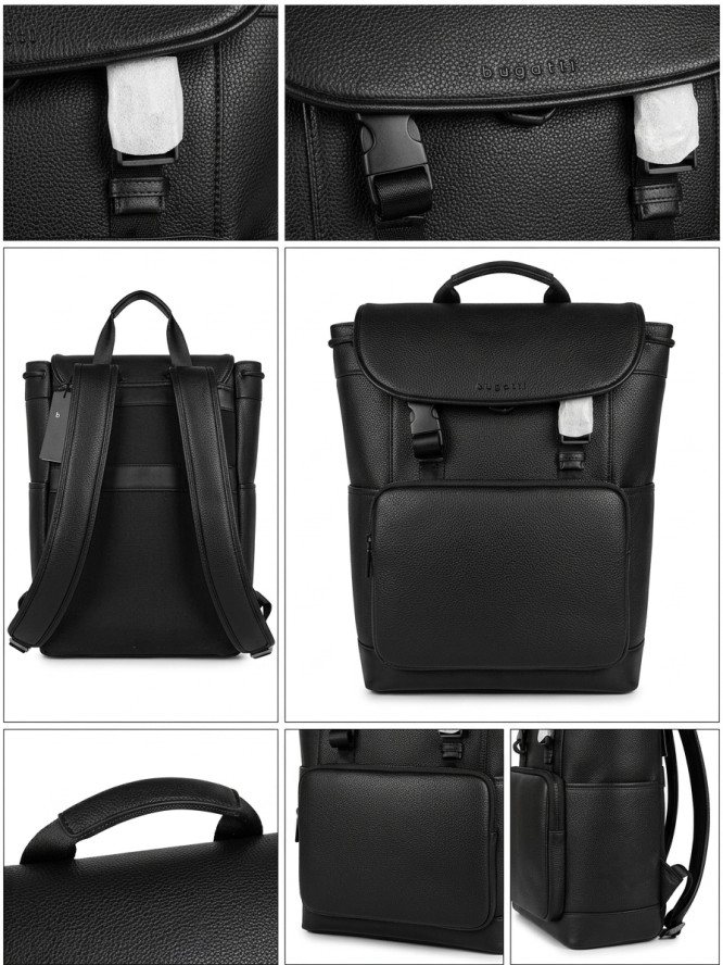 Bugatti Black Backpack for Men Buckle Drawstring Laptop Sleeve Pocket