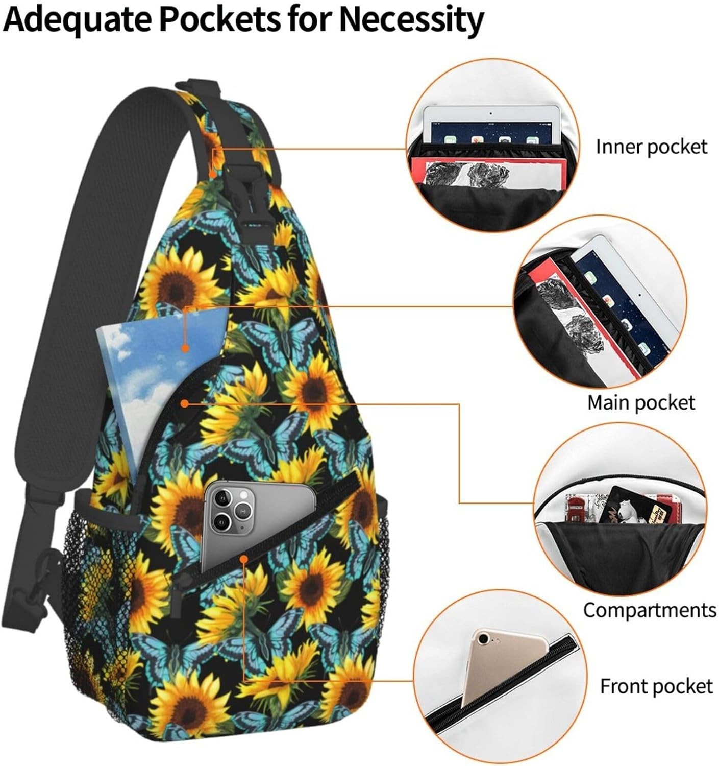 Sunflower And Blue Butterfly Sling Bag One Size Sunflower and Blue Butterfly 25