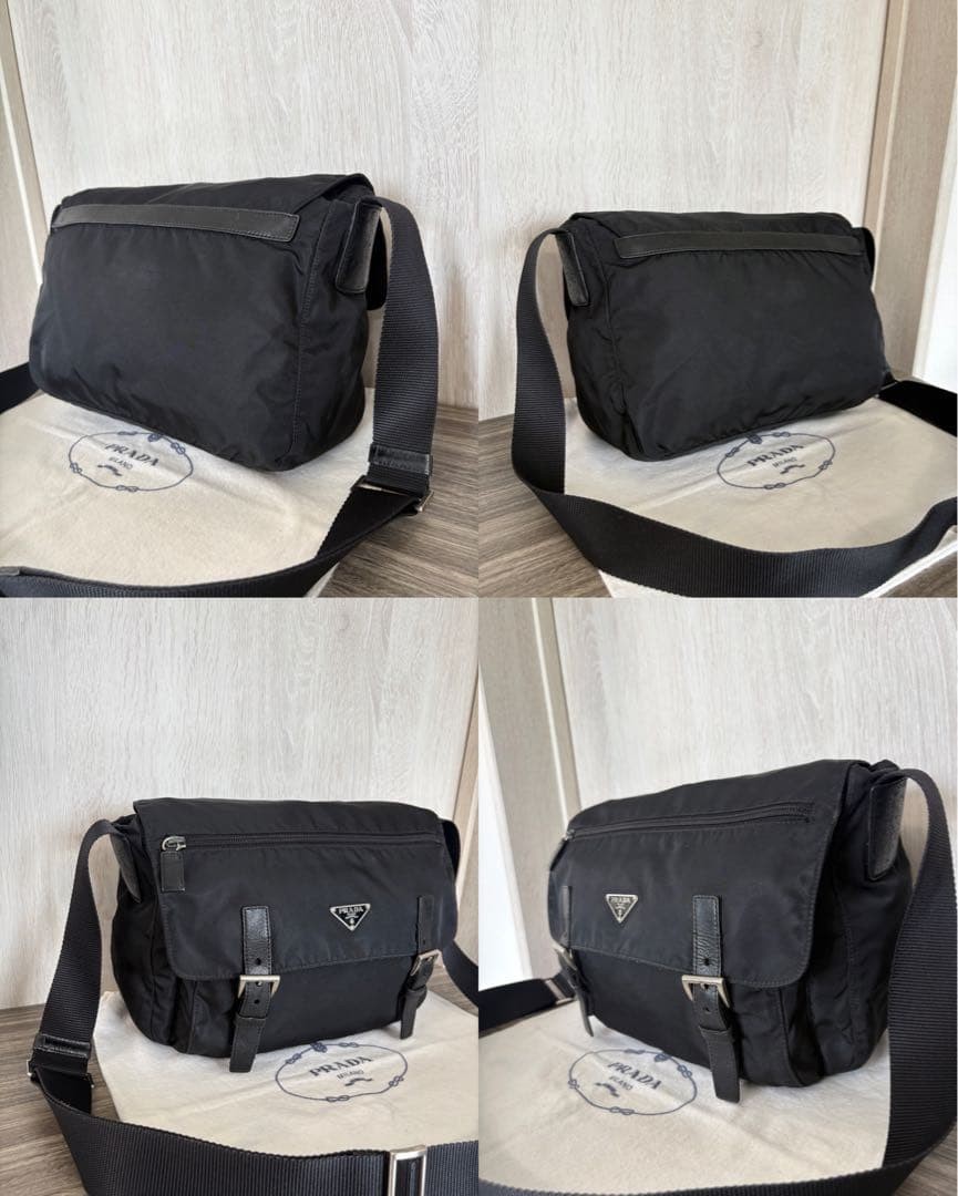 PRADA Shoulder Bag Tessuto Nylon Leather Triangle Logo Black Excellent Condition