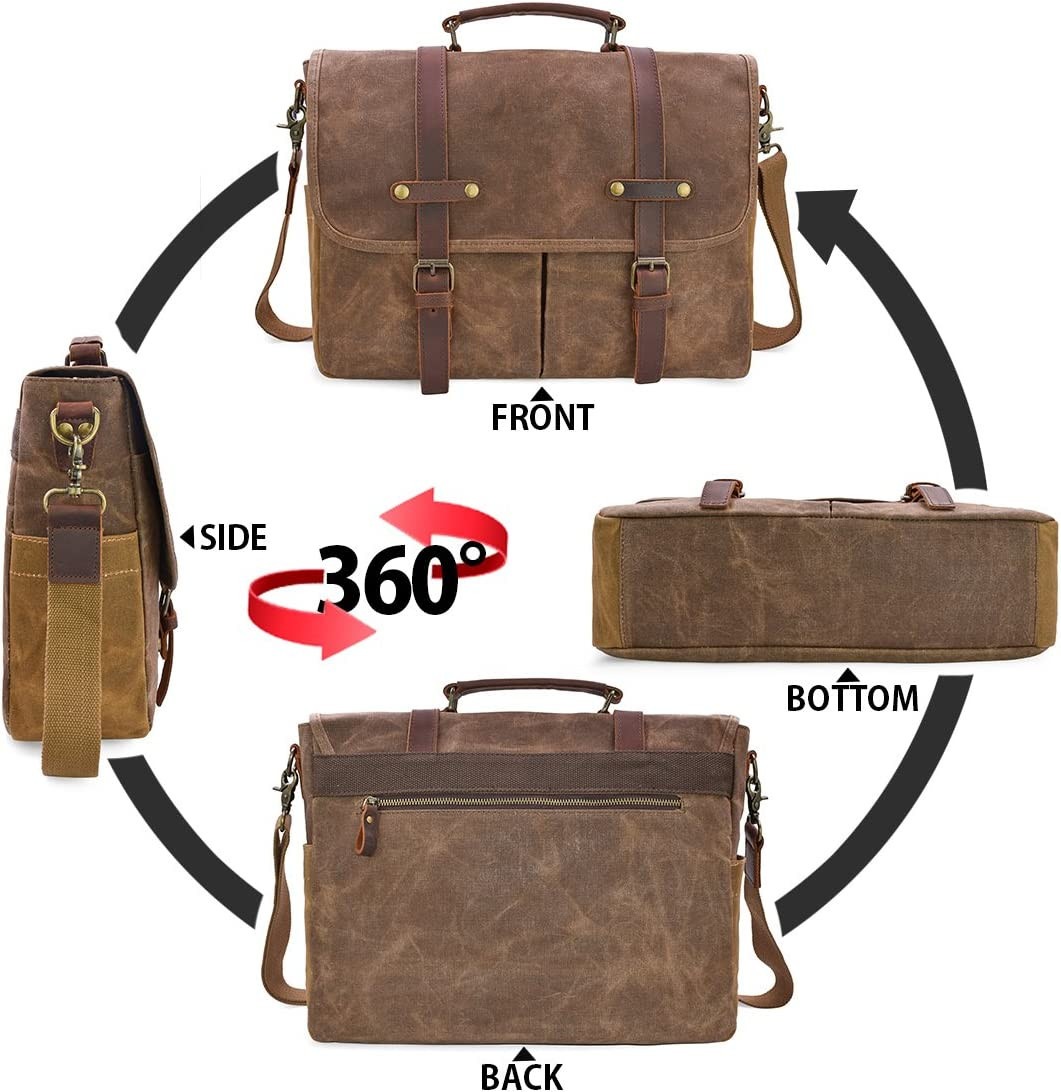 Men’s 15.6″ Waterproof Vintage Leather & Canvas Messenger Bag, Brown