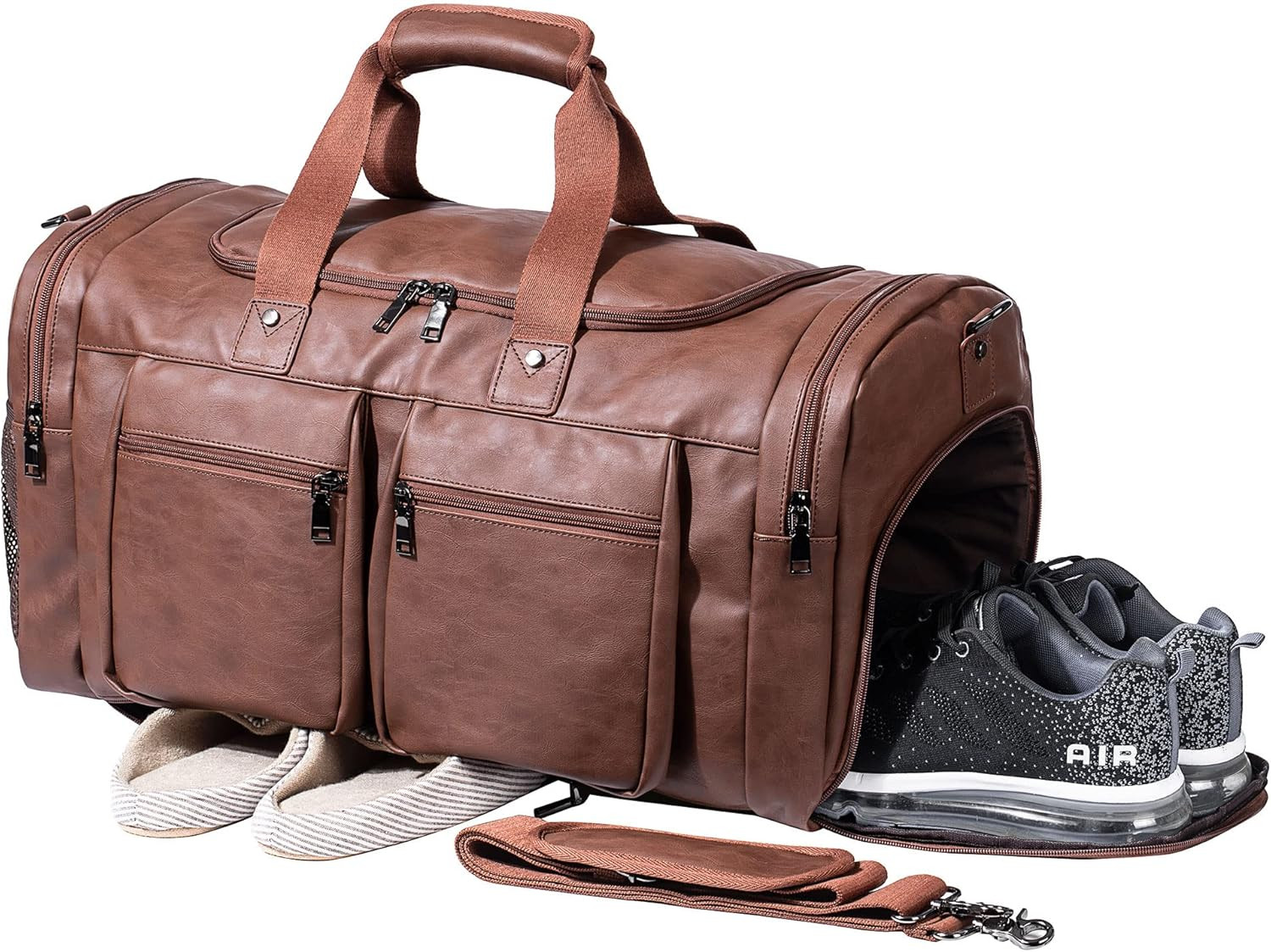 Leather Travel Duffle Bag Brown Carry On Weekender w/ Shoe Pouch Waterproof