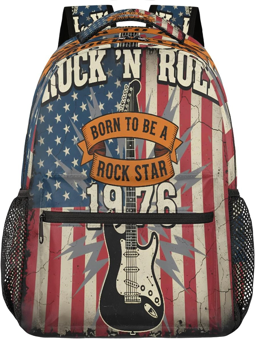 Backpack Rock Roll Music Guitar American Flag School Shoulder Bag Large Waterpro
