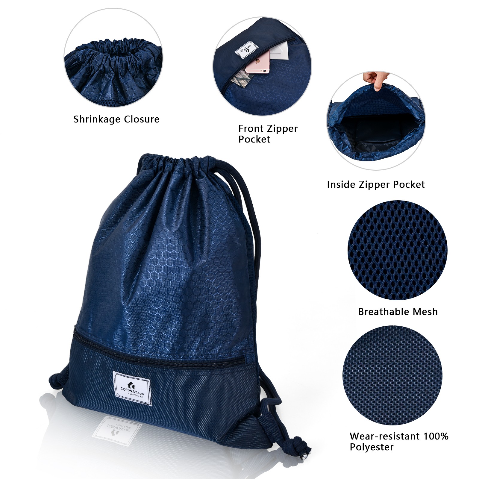 Costway Drawstring Backpack String Bag Folding Sports Sack w/Zipper Pocket Blue