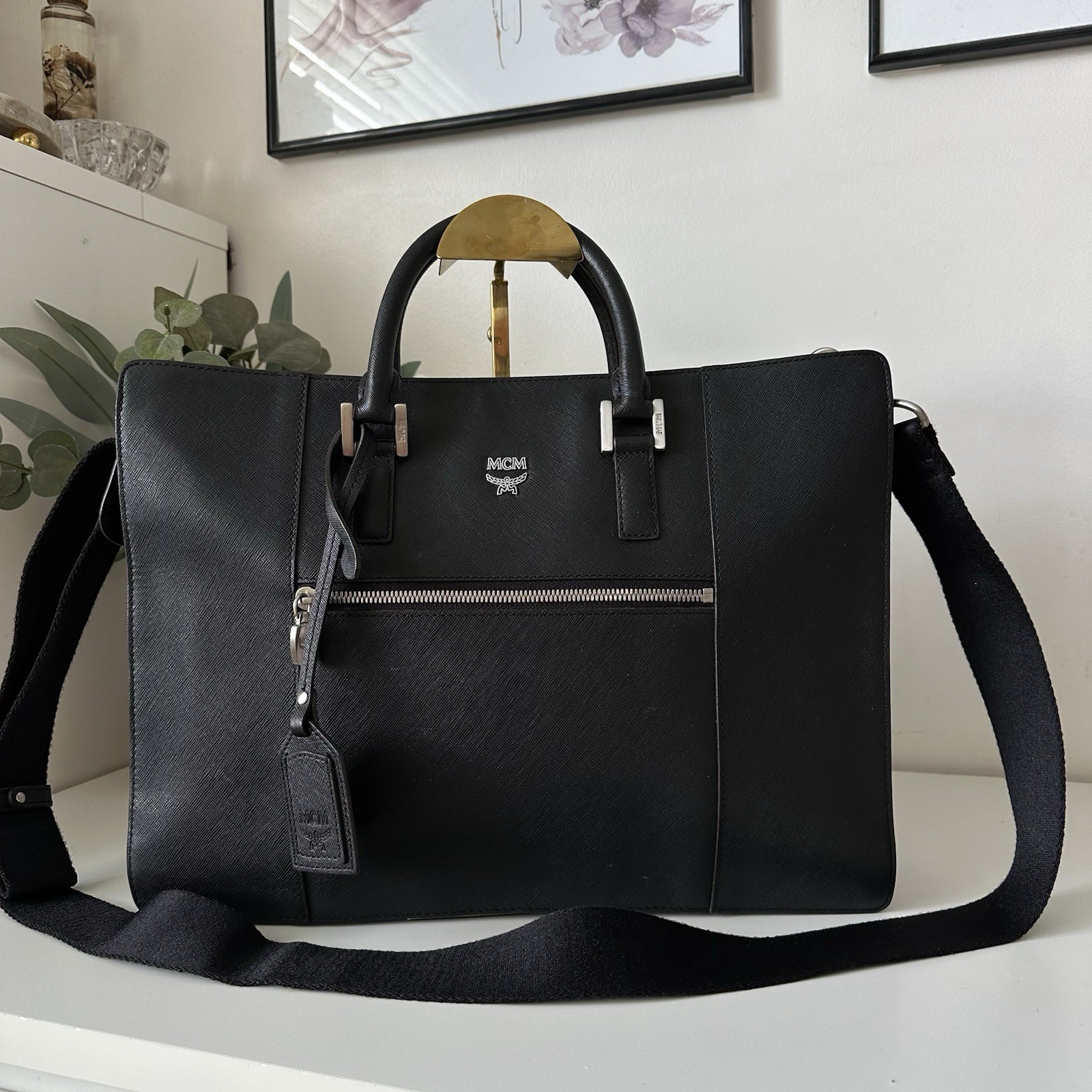 MCM Klassik Briefcase Black Saffiano Leather Silver Hardware Laptop Document