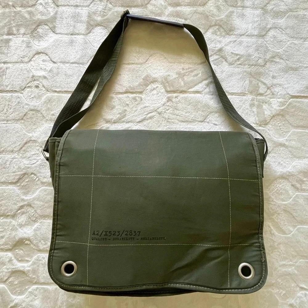 Vintage Military Style Canvas Messenger Bag Olive Drab Green Stencil Crossbody