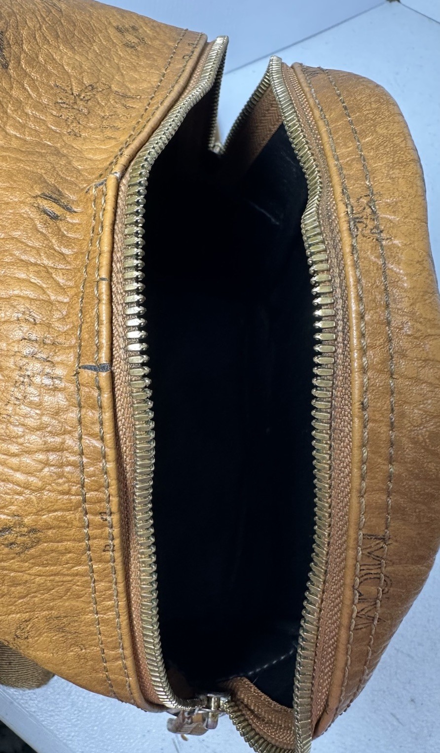 MCM Visetos Side Studs Small Backpack Camel Brown Leather Logo Studded Bag