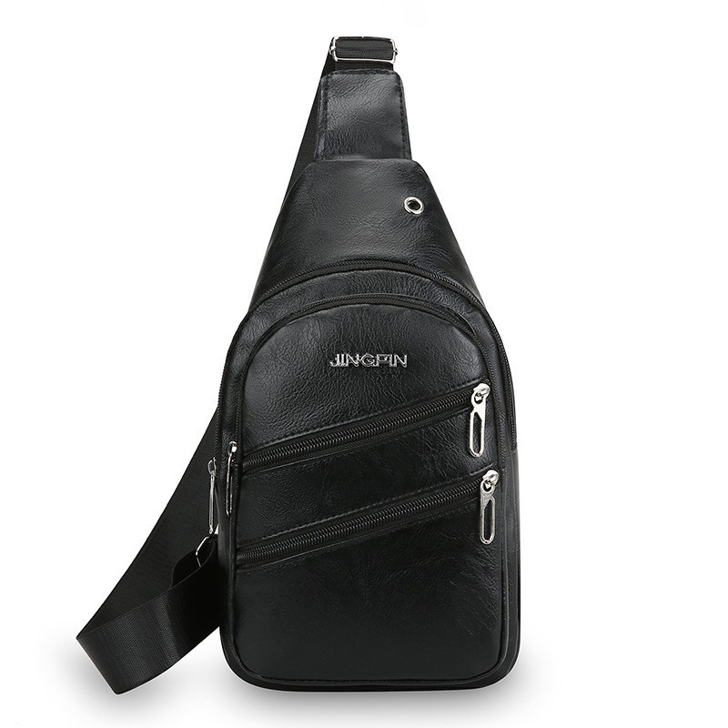 Men’s Leather Sling Bag Chest Pack Crossbody Shoulder Backpack USB Earphone Port