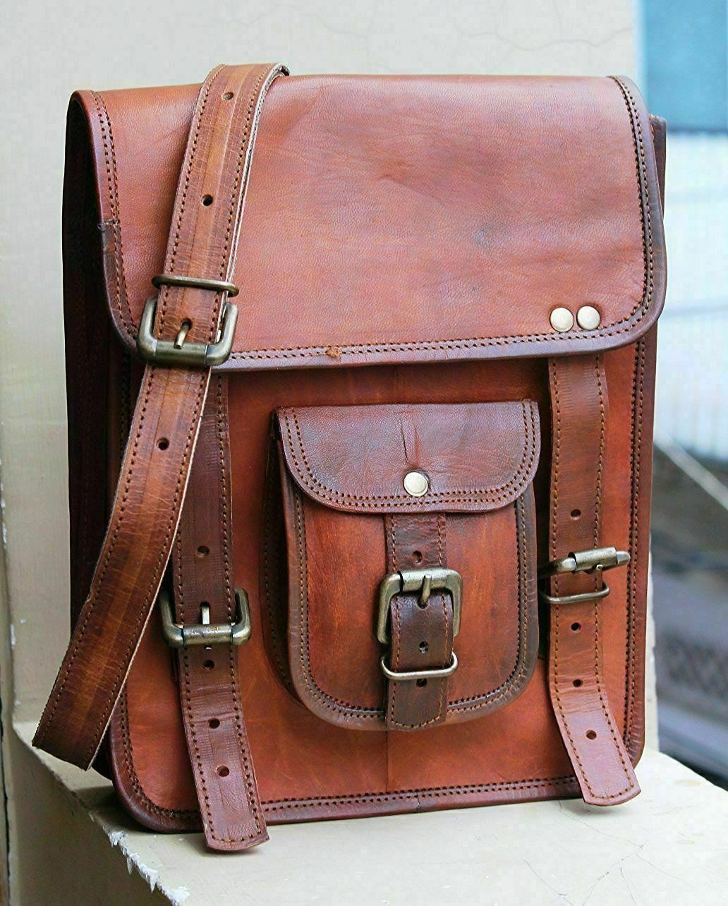 Women’s Full Waxed Leather Vertical Briefcase Laptop Shoulder Messenger Girl Bag